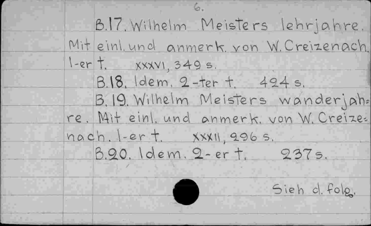 ﻿G.
6.17, W^heim Meisters \eVirjcx'nre. Mit einl.unci cwmerVç. von W.Creiiençxc'n. \-er t. mv\,349s.
B.VS, \devn, 9.-ter ±.	49.4 s, .
B. 19.	Meisters wcxnder^piYi?
re . Mit einV, uM 6>nmer\ç, von V/, Creiie--Hoch.\-ert,	> 9.9b s,
6.9.0, \dem.^-ert, 9.37Э.
>к-'